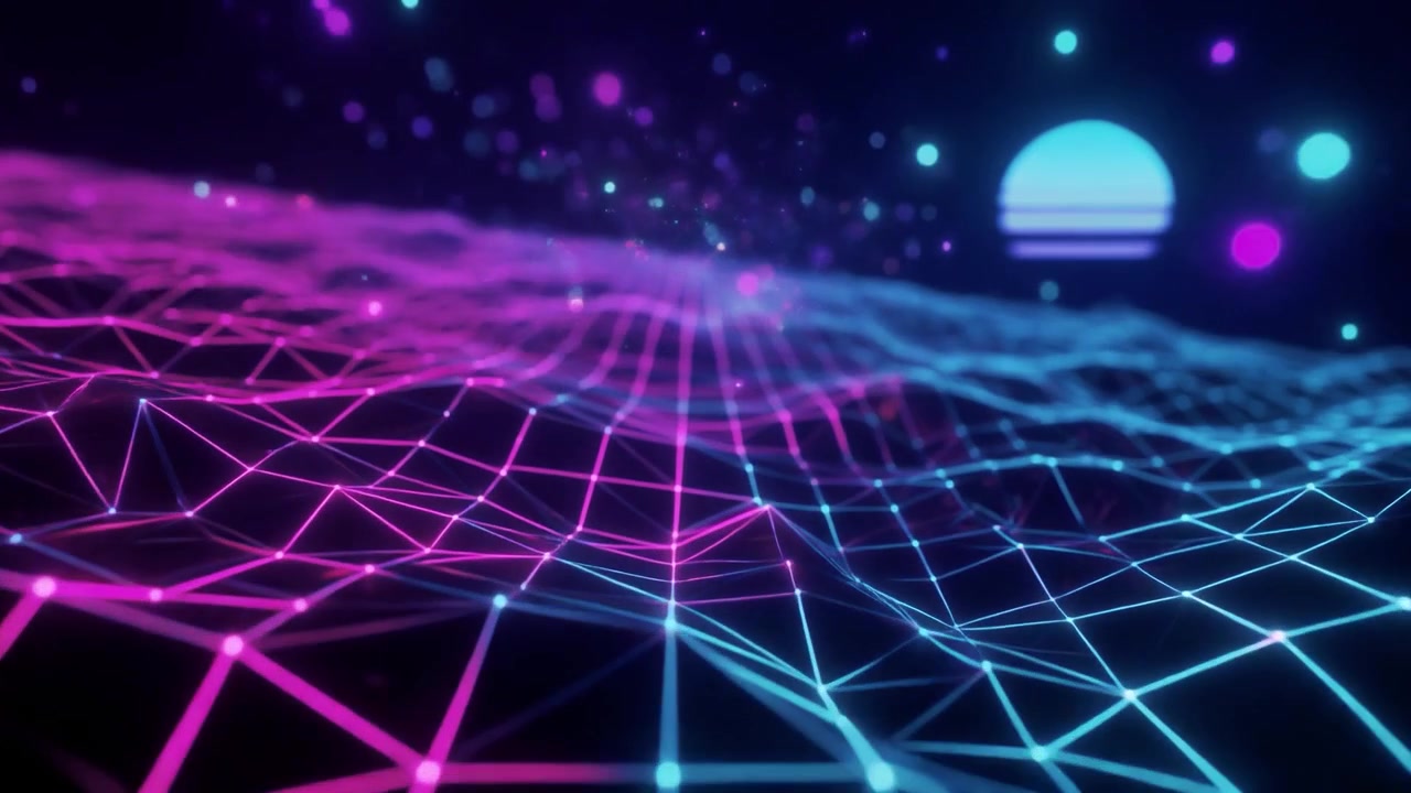 Paesaggio digitale Retro Synthwave con griglia al neon luminosa