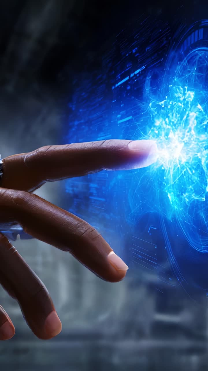 Uma mão estendida para tocar uma esfera de energia azul brilhante, com tecnologia avançada, simbolizando a conexão entre os reinos humano e digital