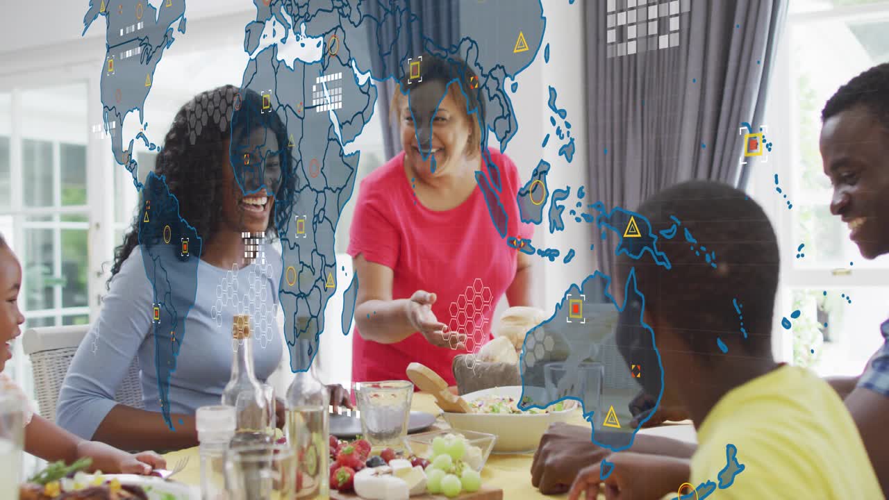 Standing woman serving salad, boy reaching, map overlay expanding over table for shared meal, tech