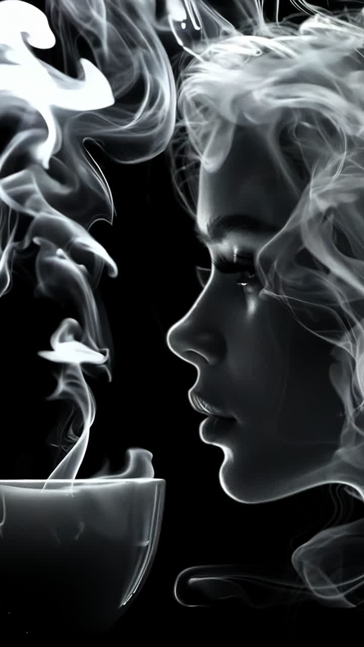 A woman with long hair is blowing smoke out of her mouth. A cup is next to her