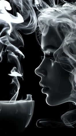 a woman with long hair is blowing smoke out of her mouth. a cup is next to her