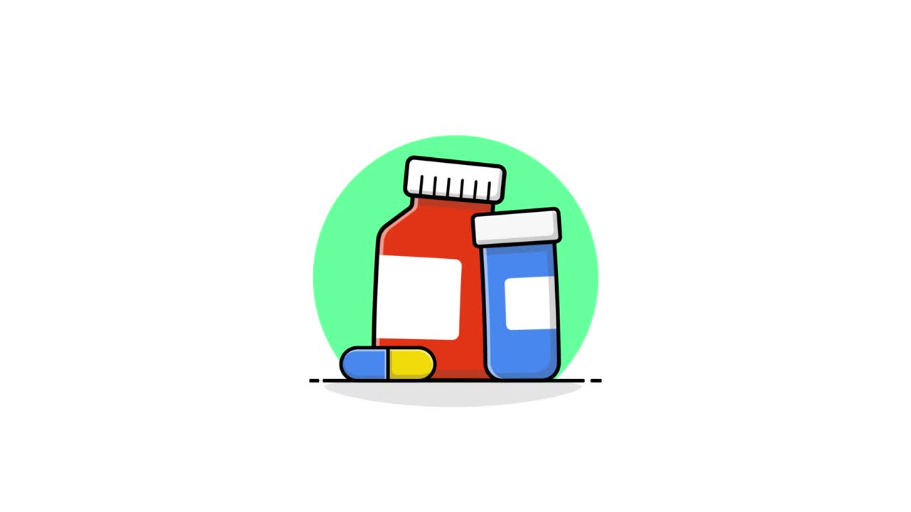 Illustrazione animata di flaconi di medicinali e una pillola