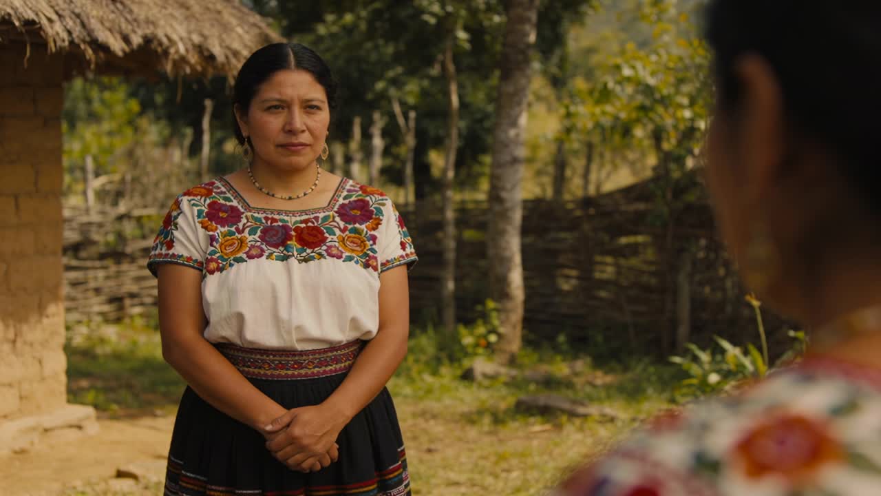 Listening Mexican woman responding to foreground speaker by thatched hut, in embroidered top