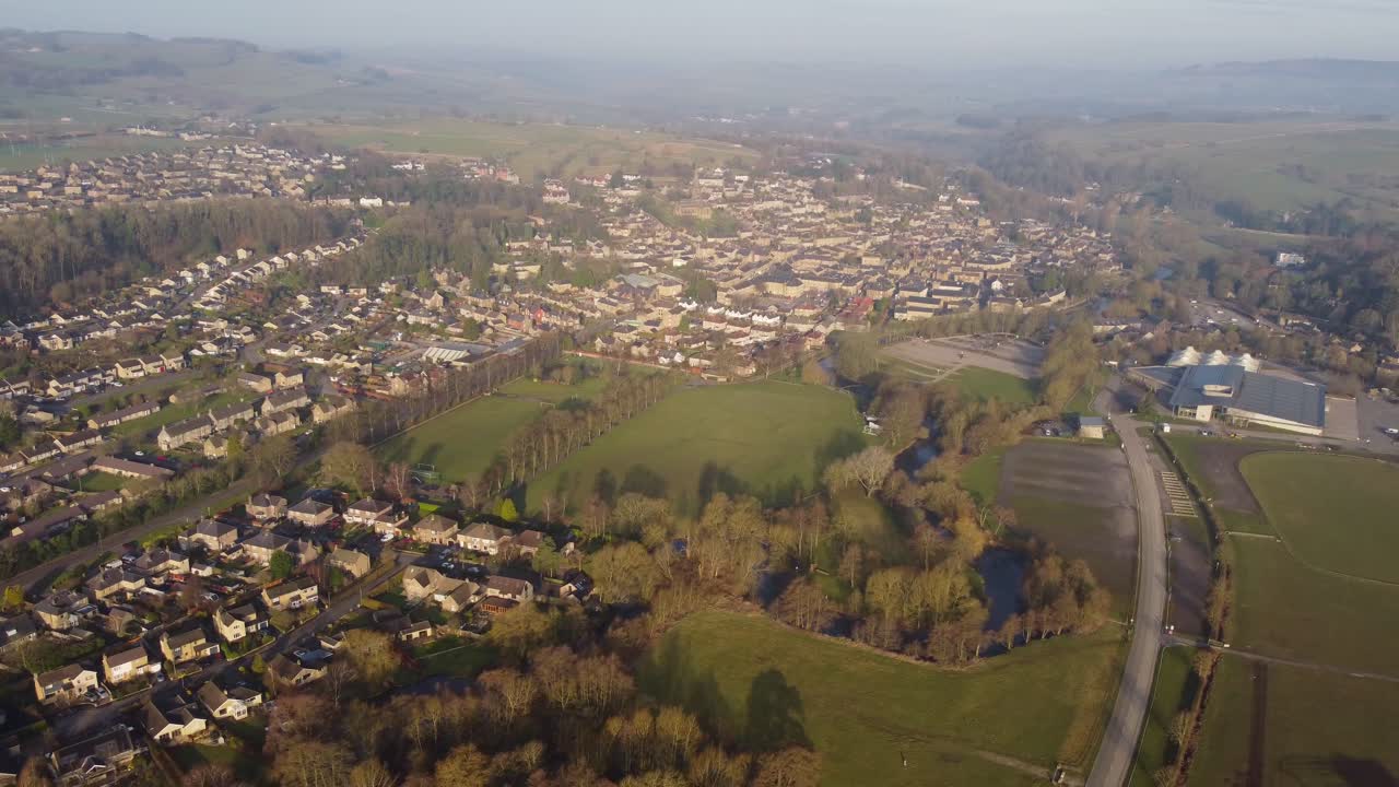 Aerial view overlooking town of Bakewell on foggy morning - Peak District, Derbyshire, UK