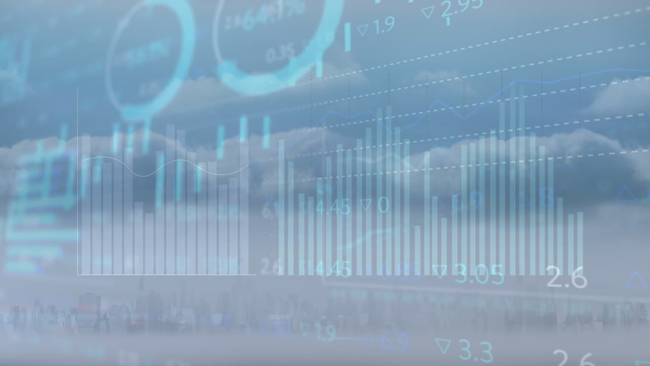 Animation of statistical data processing against clouds in the blue sky