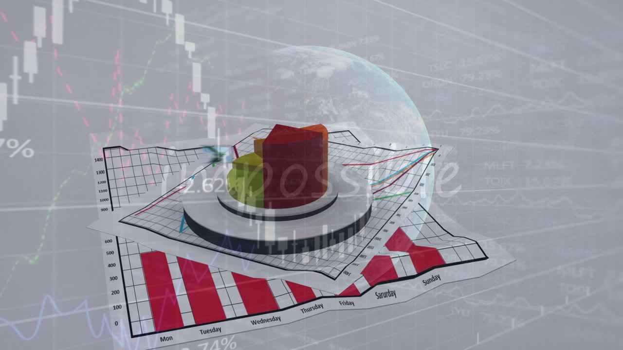 анимация графиков и финансовых данных на экране с ветряной турбиной на сером фоне