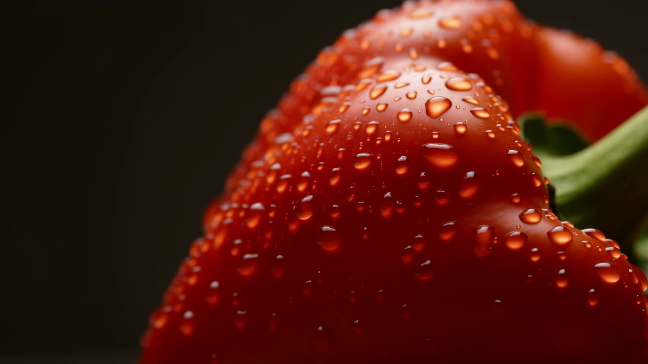 Extreme closeup showing tiny water droplets clinging to glossy red bell pepper ridge, with partial green stem, warm directional light, bright highlights, soft shadows, rich color contrast, clean
