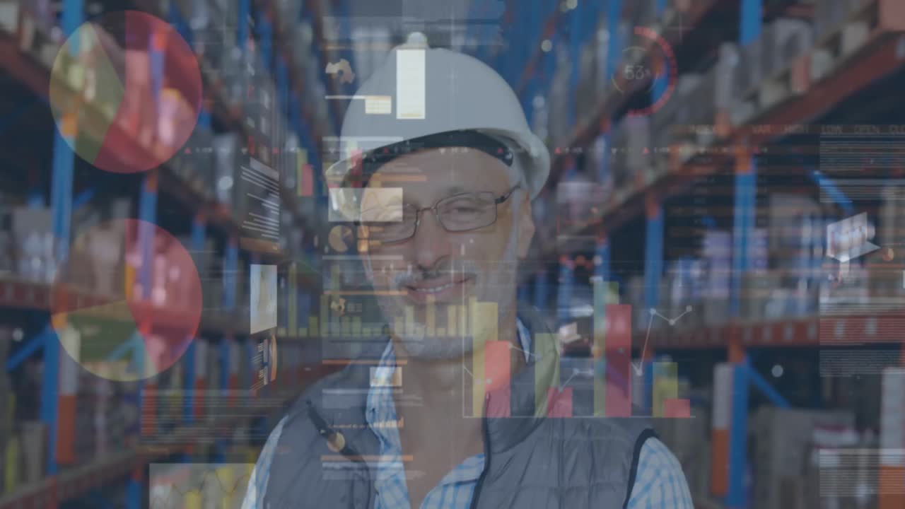animación de estadísticas y procesamiento de datos financieros sobre el hombre que trabaja en el almacén