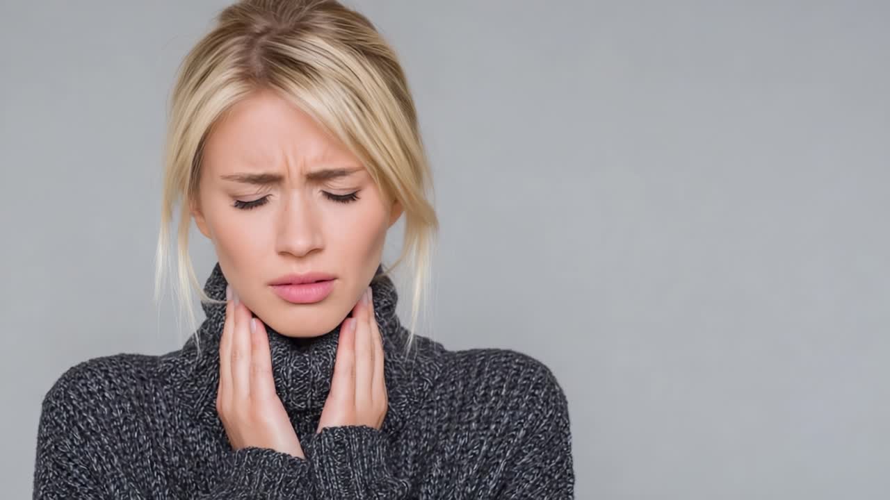 Una giovane donna con un'espressione angosciata si tiene la gola, trasmettendo disagio e preoccupazione per il suo benessere, vestita calorosamente con un maglione comodo su uno sfondo neutro