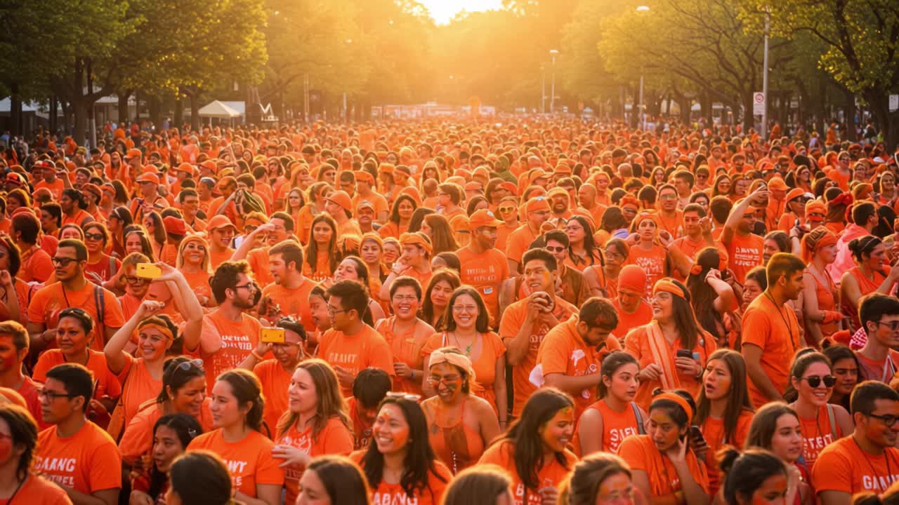 Vibrant Sea of Orange: A Captivating Gathering of Enthusiastic Participants Celebrating Together Under the Warm Glow of the Setting Sun in a Dynamic Outdoor Environment