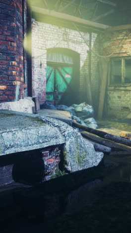 an abandoned building with a green door
