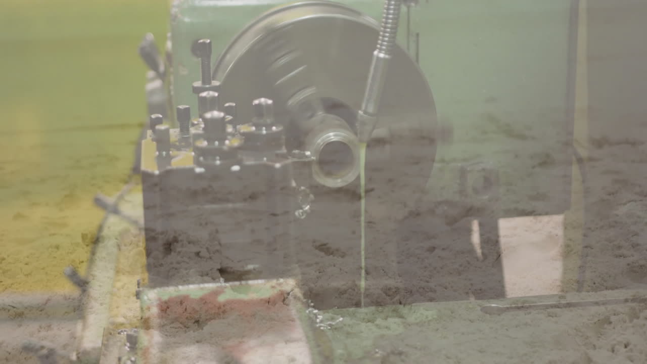 Operating industrial machine over sandy landscape, blending technology with nature animation