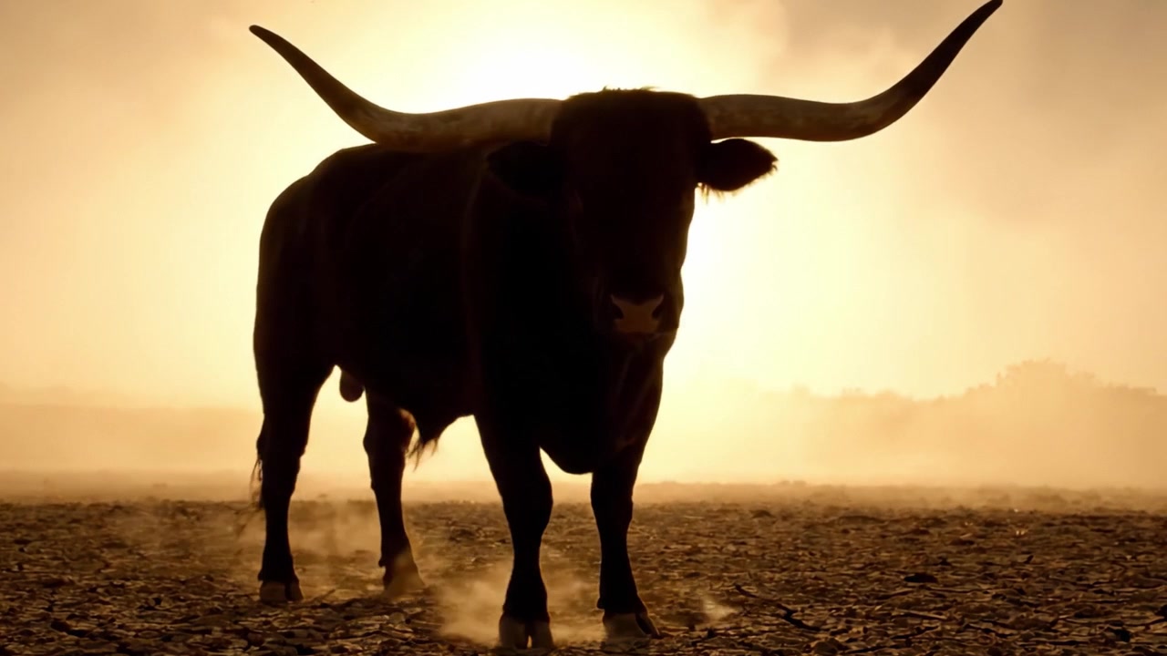 Toro in silhouette contro l'alba: una scena maestosa che cattura la grazia e la forza della natura in un paesaggio colpito dalla siccità.