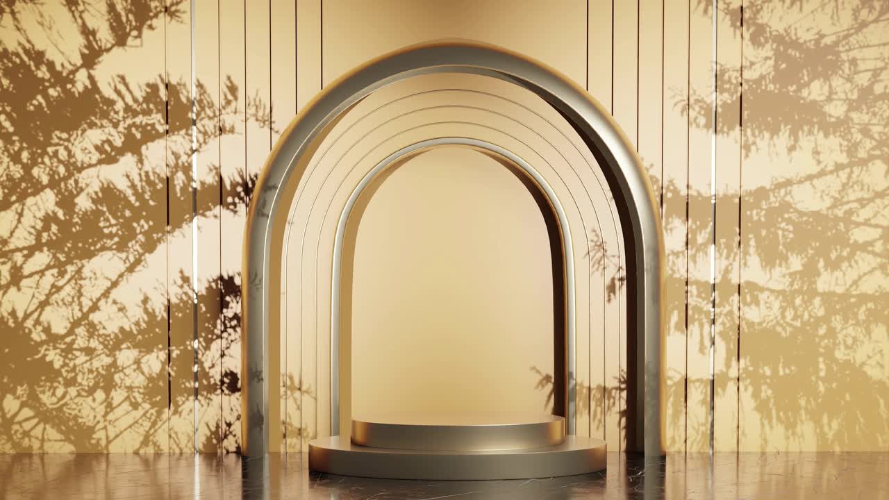 diseño de stand de exhibición de productos con sombra de hojas de árboles en animación de renderización 3d, sitio web de comercio electrónico venta descuento oro puesta de sol fondo eco naturaleza