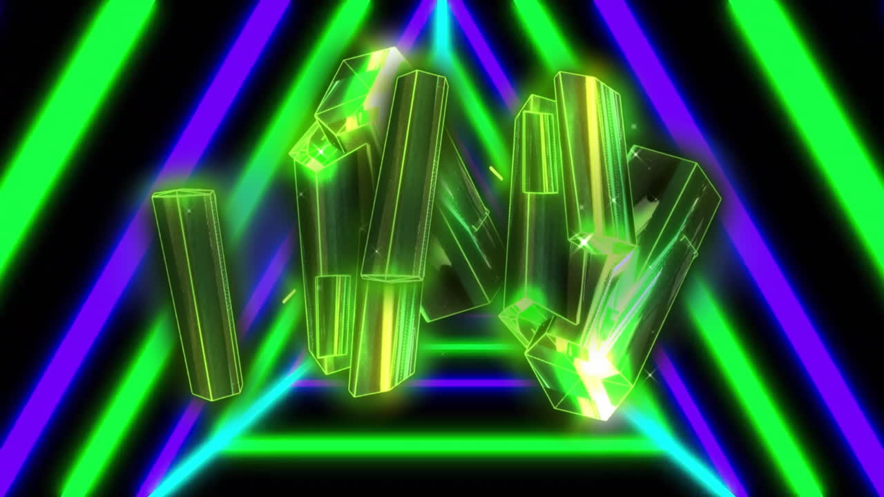 animación de bloques verdes brillantes sobre el patrón de neón