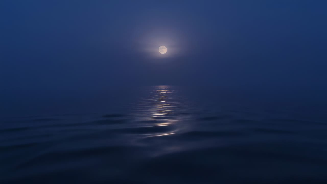 Shining full moon, lunar halo casting moonlight at sea at night, subtle ripples breaking reflection