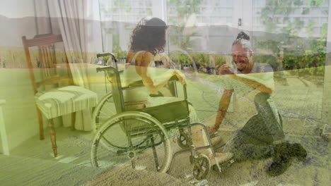 assisting woman in wheelchair, man guiding through field with animation theme