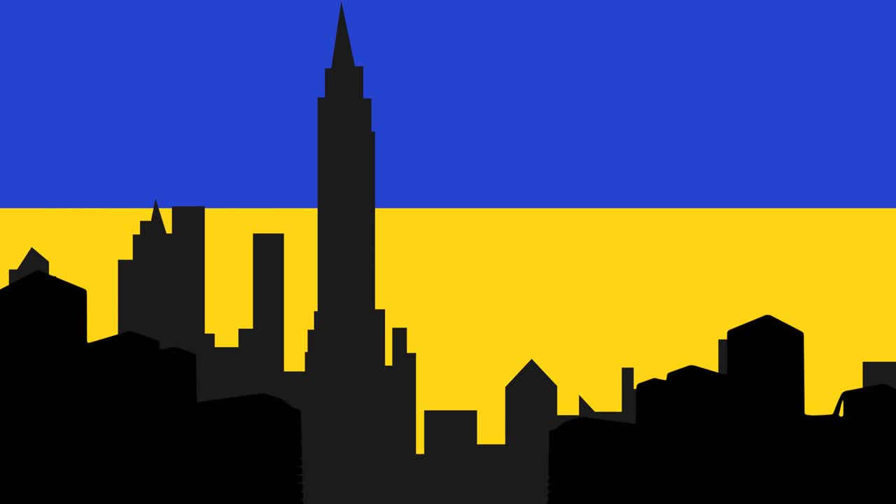 Animazione di paesaggio urbano sulla bandiera dell'Ucraina