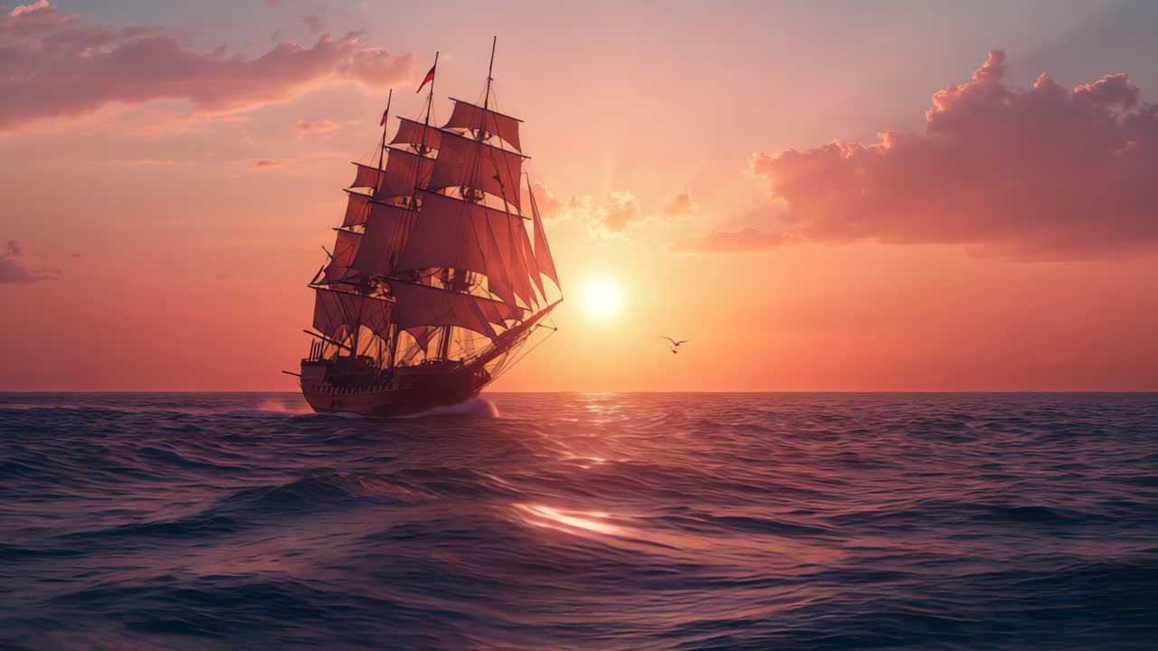 A Tall Ship Sailing on the Ocean at Sunset