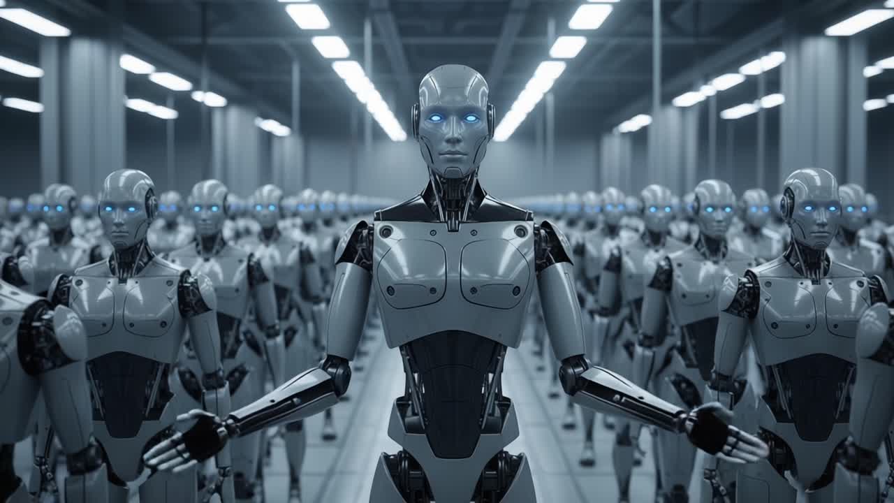 A Futuristic Assembly of Humanoid Robots in a High-Tech Production Facility Reflects Advances in Automation and Robotics. A Glimpse into Future Artificial Intelligence and Technology Evolution