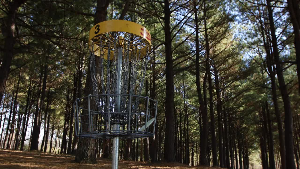 una toma estática de un disco de golf que se arroja a una canasta de golf de disco en el marco de la izquierda debajo de un bosque lleno de árboles al mediodía con mucha vegetación