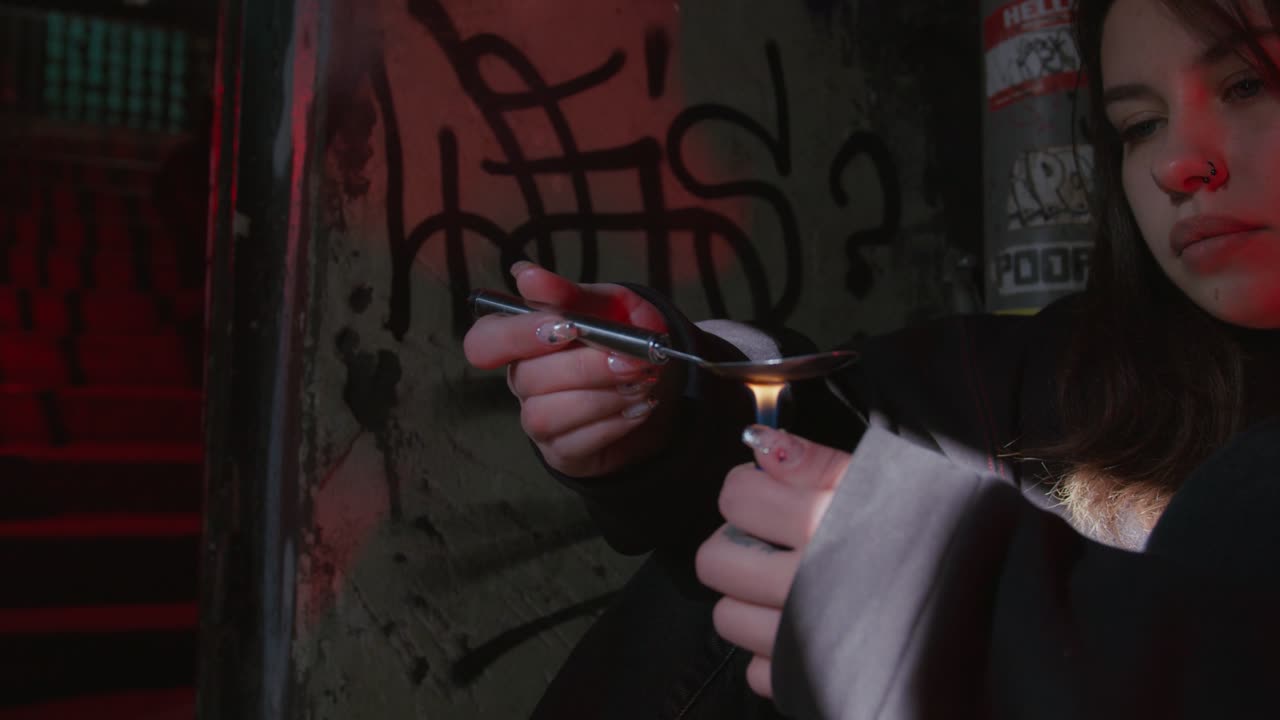 젊은 여성은 마약 중독자이기 때문에 자신을 주사하기 전에 헤로인을 가열하고 있습니다.