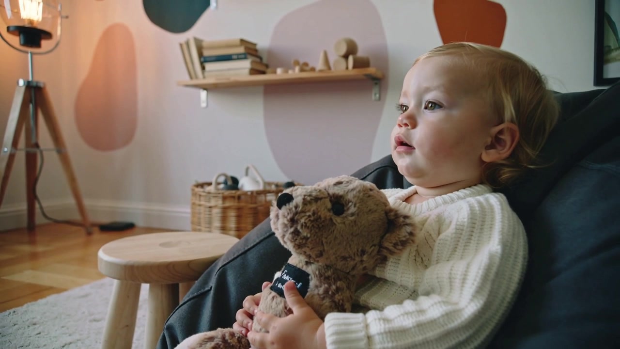 La telecamera rivela un bambino con un maglione di lana che si gira a sinistra, tenendo un orsetto di peluche nell'angolo del soggiorno, con spazio per il testo.