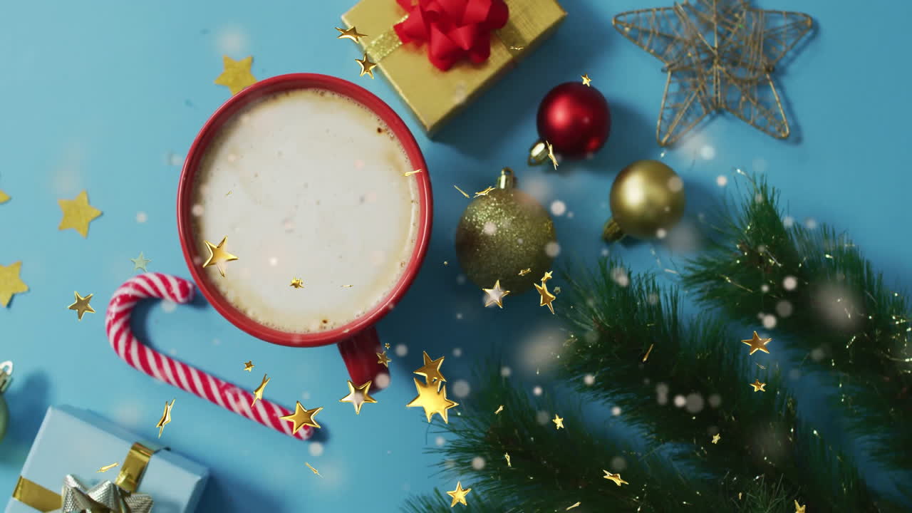 Christmas decorations with gifts and candy cane over falling stars animation