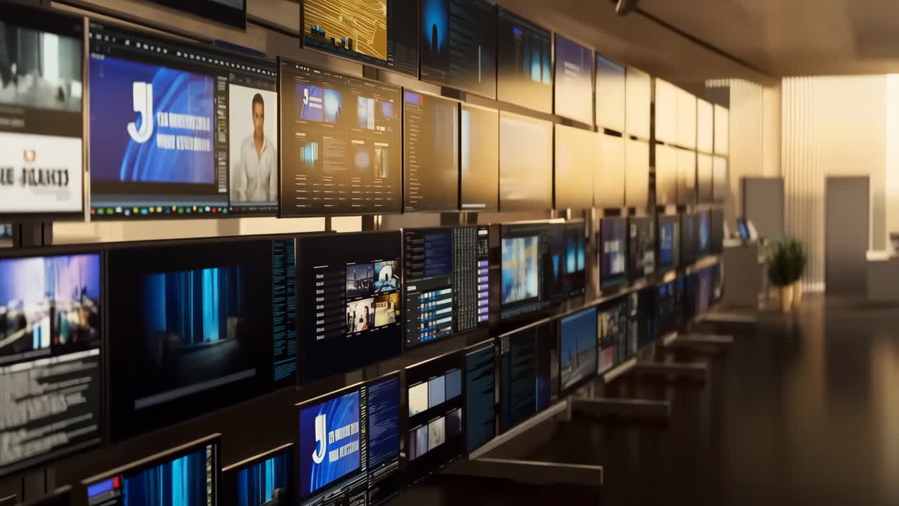 Modern Control Room with Multiple Video Walls and Data Displays