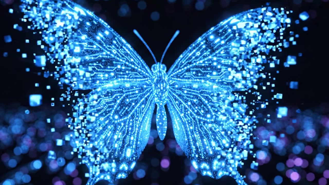 A Stunning Digital Transformation: A Futuristic Butterfly Glowing with Circuit Patterns, Surrounded by a Mesmerizing Array of Glowing Particles in a Dark Background