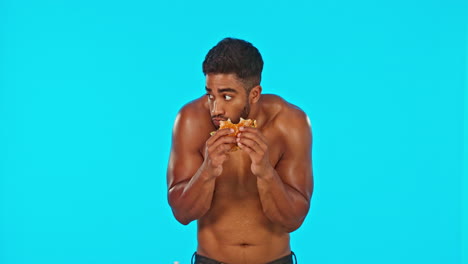 hiding, burger and face of a man on cheat day