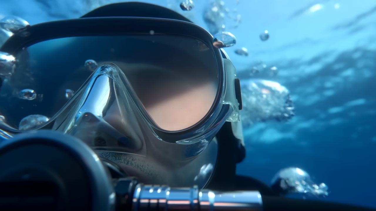 Closeup Scuba Diver Mask Underwater, Bubbles Streaming From Regulator, Mirrored Visor Reflecting Deep Blue