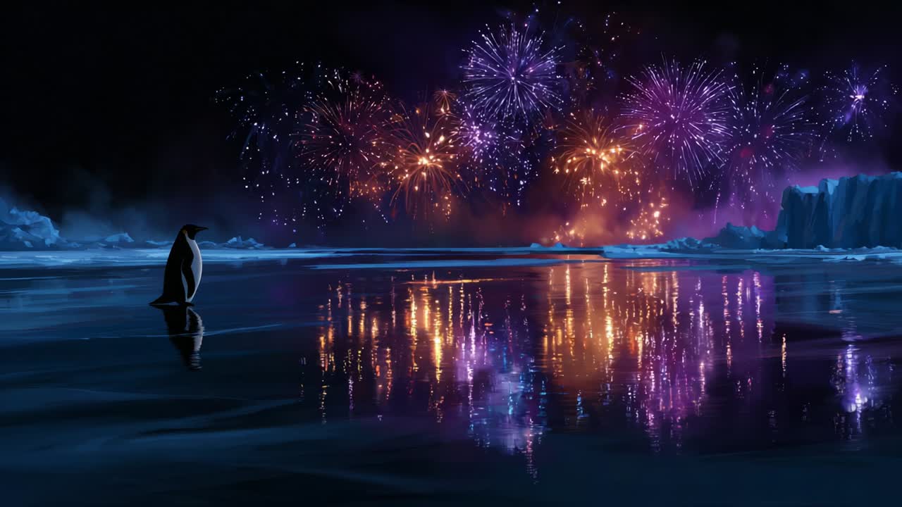 A solitary penguin stands on a frozen surface, mesmerized by the breathtaking display of colorful fireworks illuminating the night sky, reflecting vibrantly on the icy water below, creating a magical winter scene