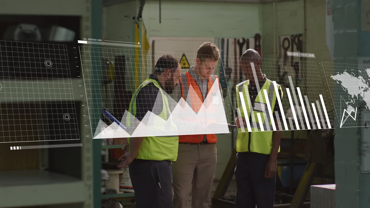 animación del procesamiento de datos financieros sobre diversos trabajadores en el almacén