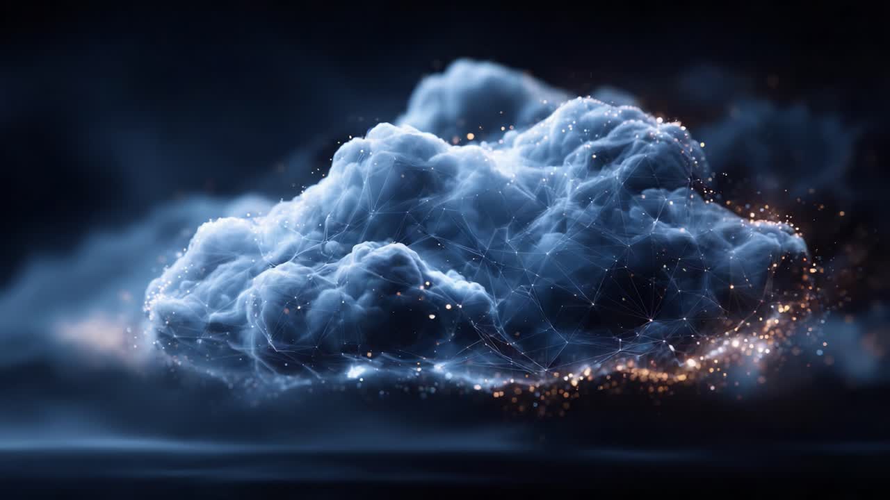 Een dynamische visuele weergave van een wolk gevormd door onderling verbonden knooppunten en gloeiende deeltjes, die de schoonheid van digitale kunst en abstract ontwerp in een kosmische atmosfeer laat zien