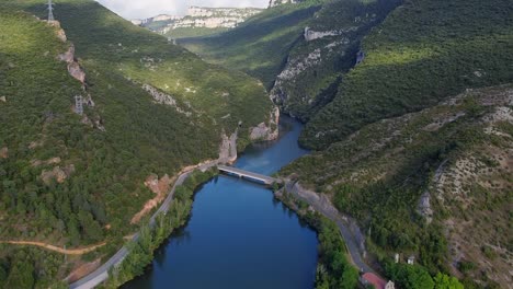 aerial view of el sobron lake and ebro river canyon in burgos, castilla y leon, spain. high quality 4k footage