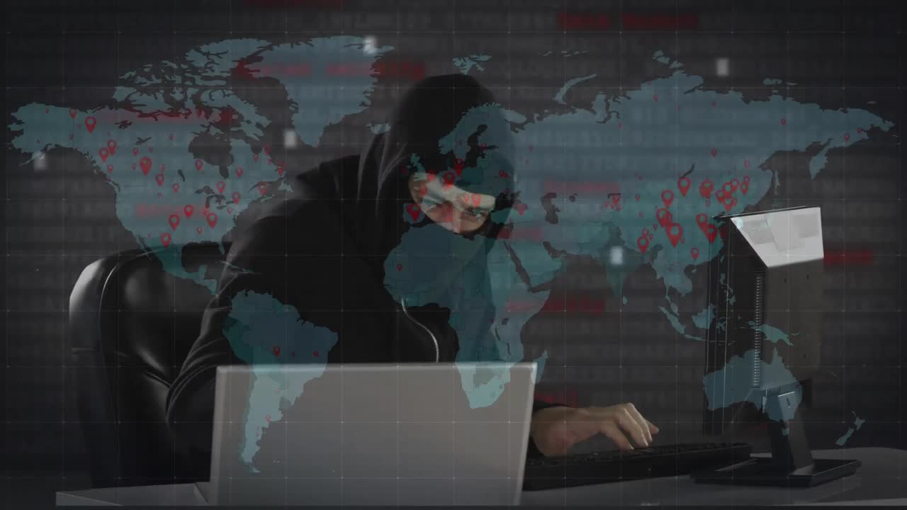 animación del procesamiento de datos sobre un hacker con una computadora portátil