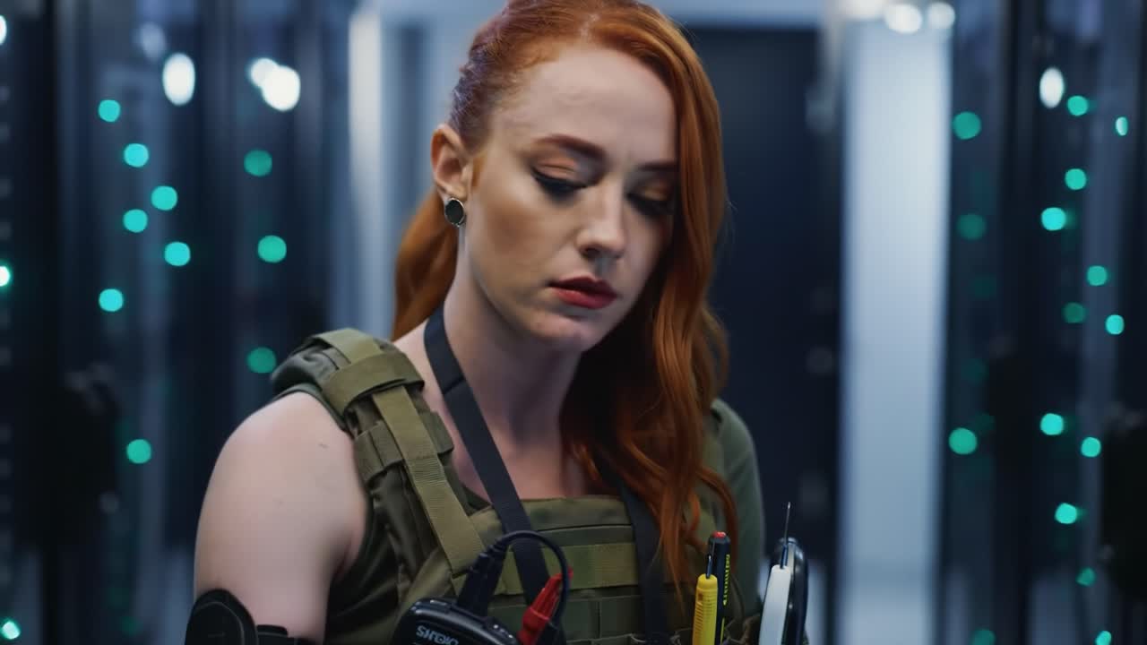 A Focused Operator in Tactical Gear Amidst a High-Tech Environment: Capturing the Intensity of Surveillance and Technology in Action