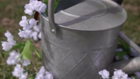 galvanised metal watering can draped with flowers