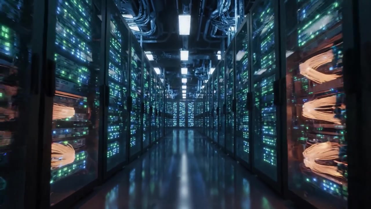 A Glimpse into the Future of Technology: Inside a State-of-the-Art Data Center Filled with High-Performance Servers and Advanced Networking Infrastructure
