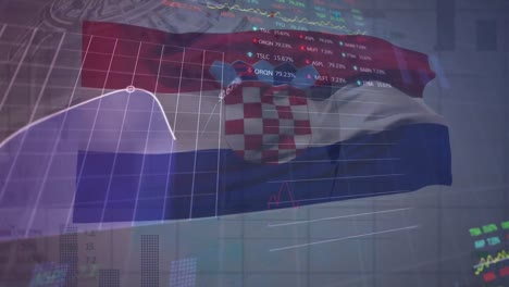 Animation-of-graphs-and-trading-boards-over-flag-of-croatia-against-currency-on-rotating-globe