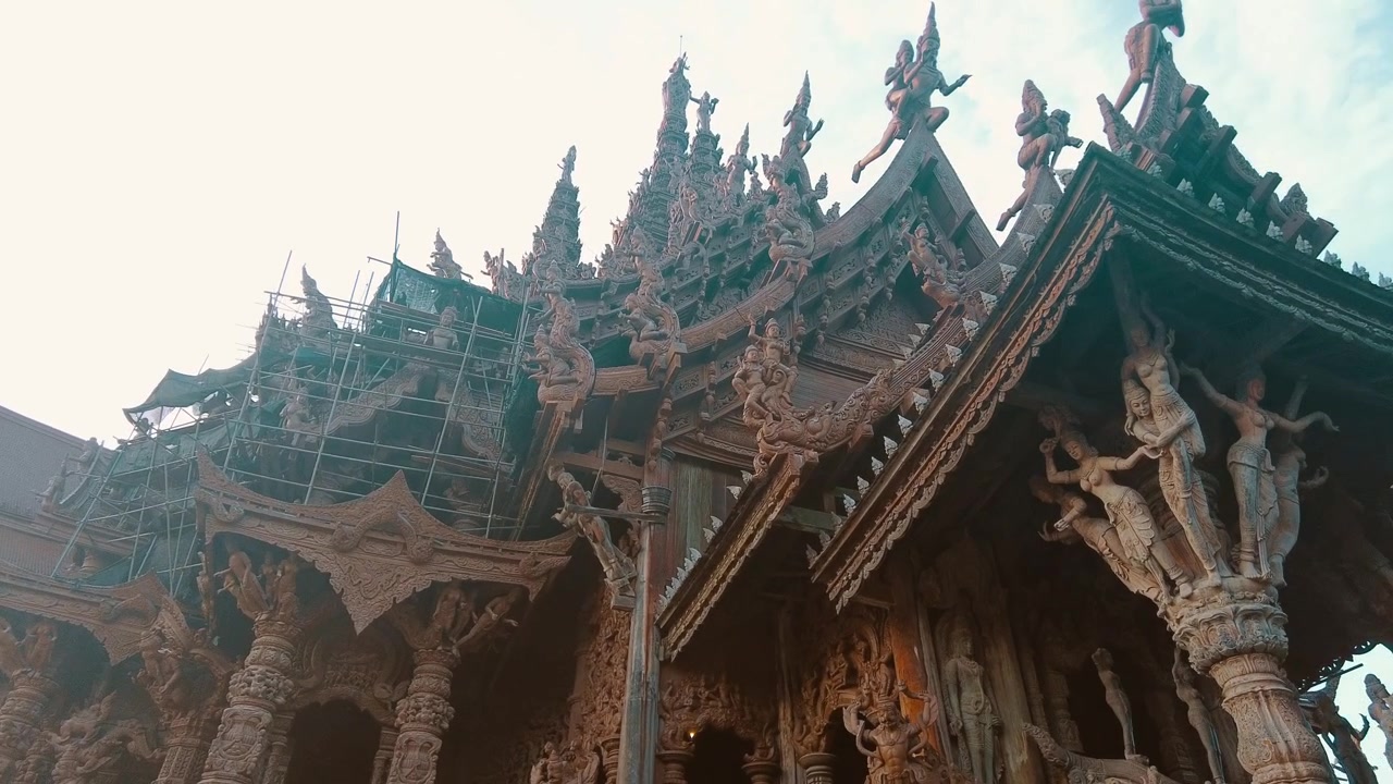 Exterior decorations under construction at the Sanctuary of Truth Museum. largest wooden temple in the world.
