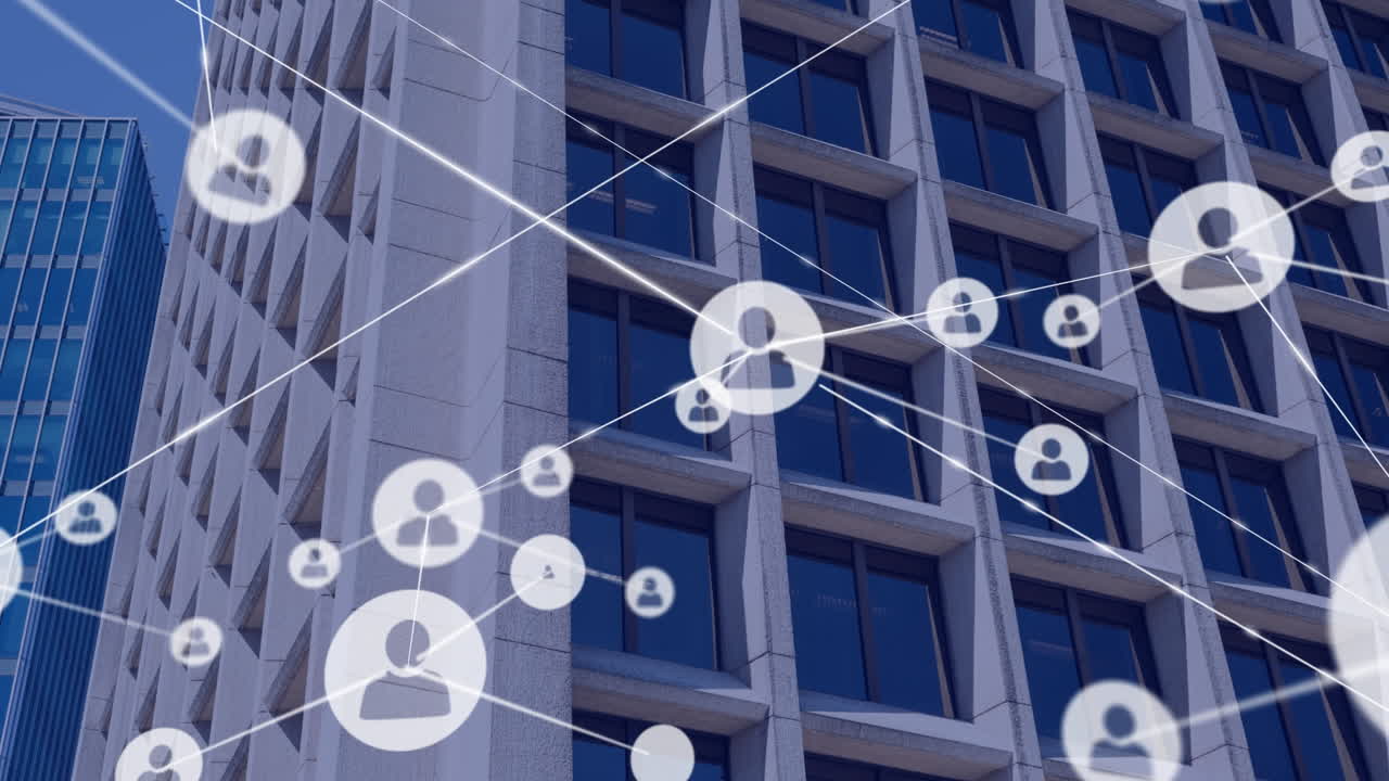 도시 풍경 위의 아이콘으로 연결된 네트워크의 애니메이션