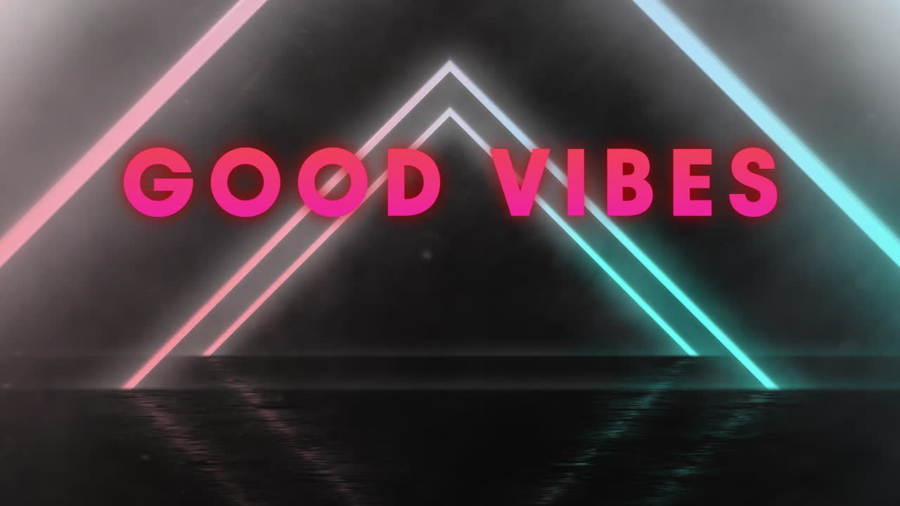 animation von guten vibes text über neonformen auf schwarzem hintergrund