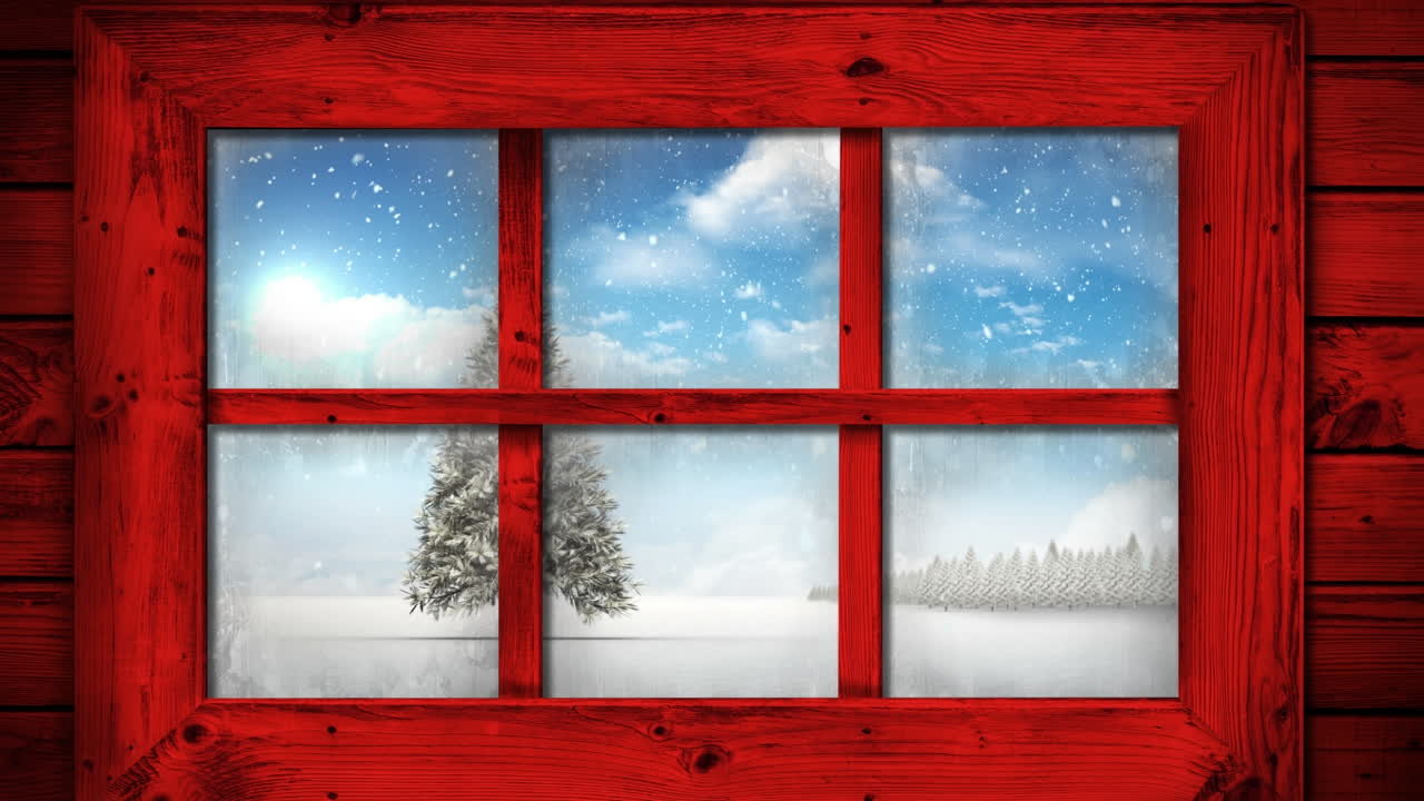 크리스마스 트리와 겨울 풍경의 창문 전망의 애니메이션