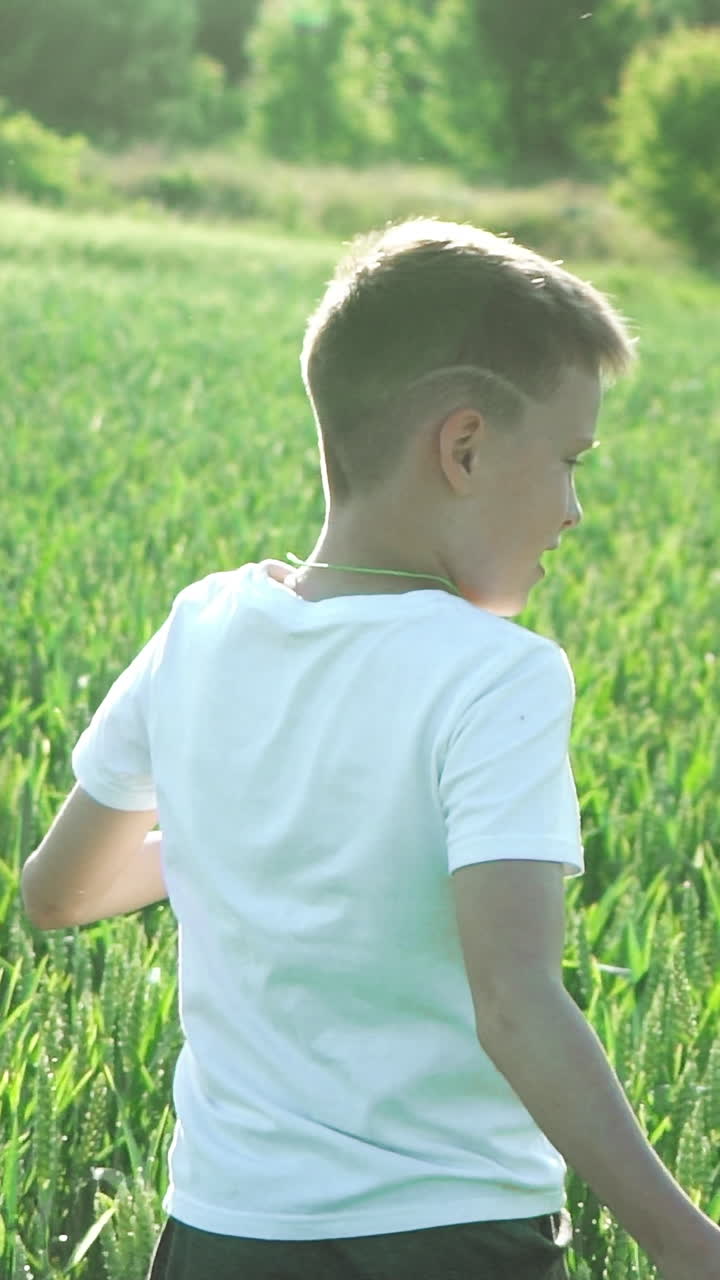 Happy boy running in green wheat field. Slow motion. Vertical video