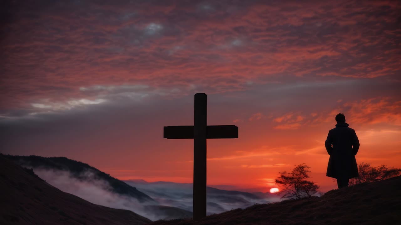 Lonely man looking at a beautiful sunset with a wooden cross in the foreground, on the top of a mountain, with a valley and fog in the background