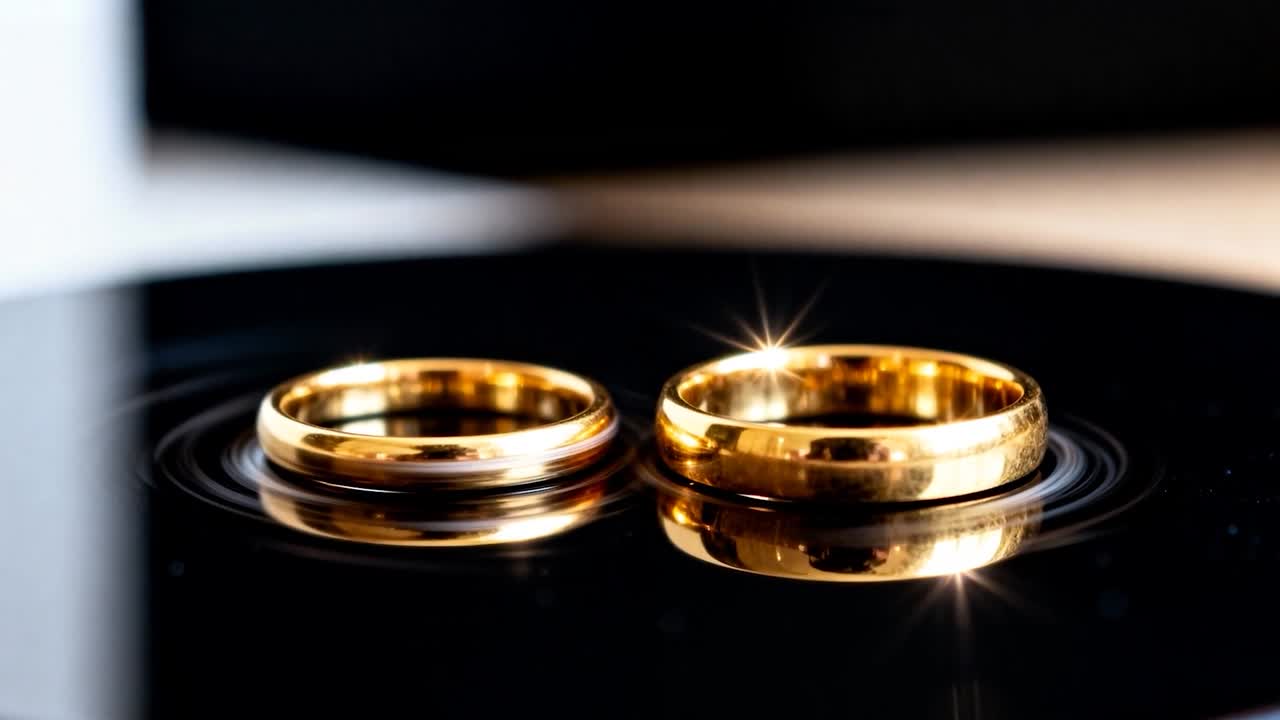Luce da studio mutevole che produce un riflesso a stella su una coppia di fedi d'oro, che si riflette su un disco nero scanalato