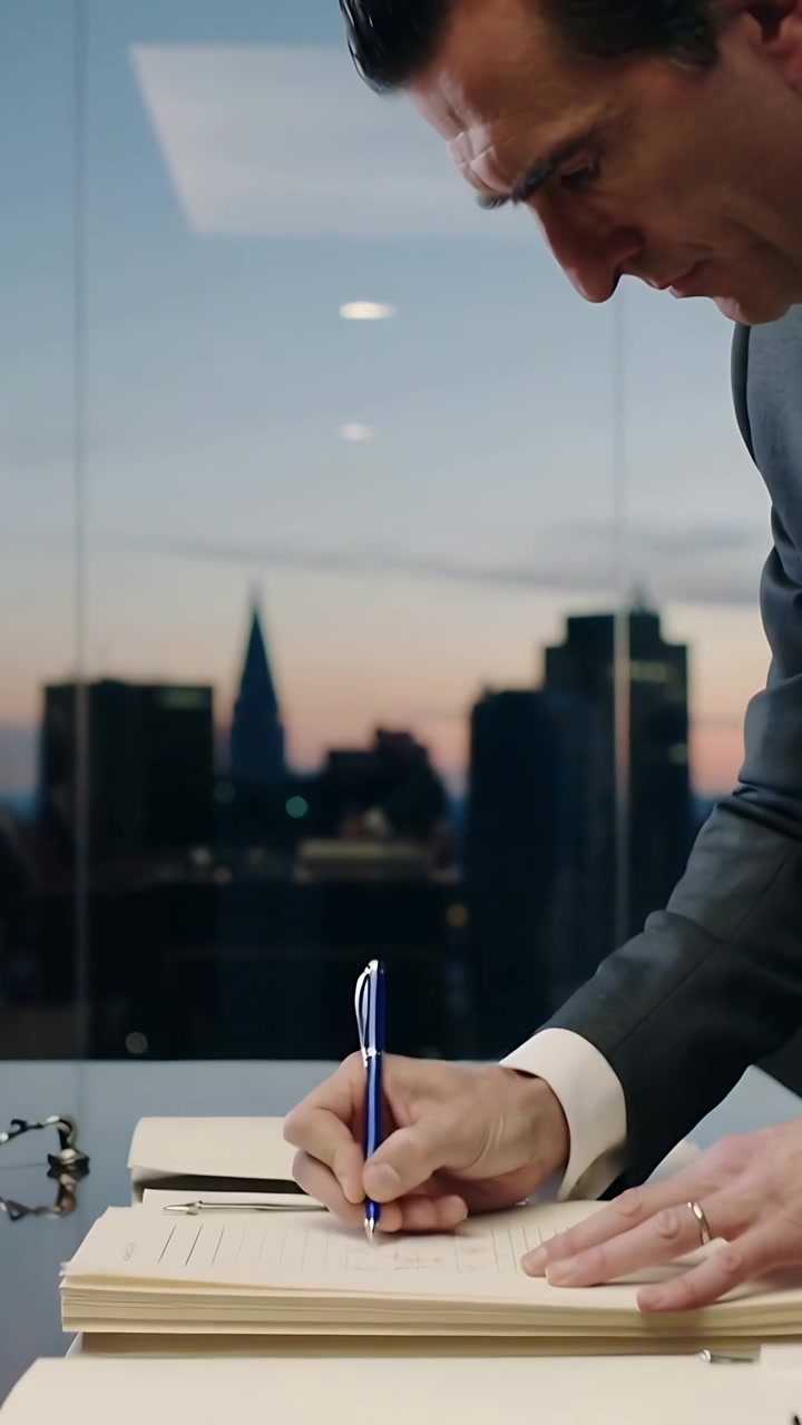 Vídeo vertical: Homem de terno inclinado pegando caneta azul em mesa de escritório, assinando formulários, com espaço para texto.
