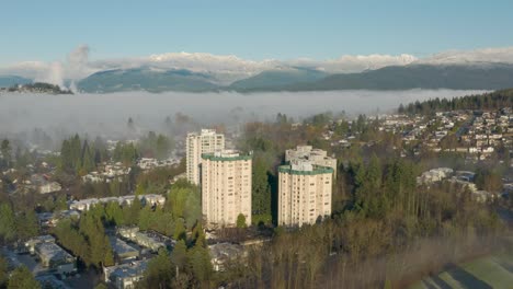 Aerial-view-of-sun-shining-over-pine-tree-forest-covered-by-fog-in-Burnaby,-British-Columbia,-Canada